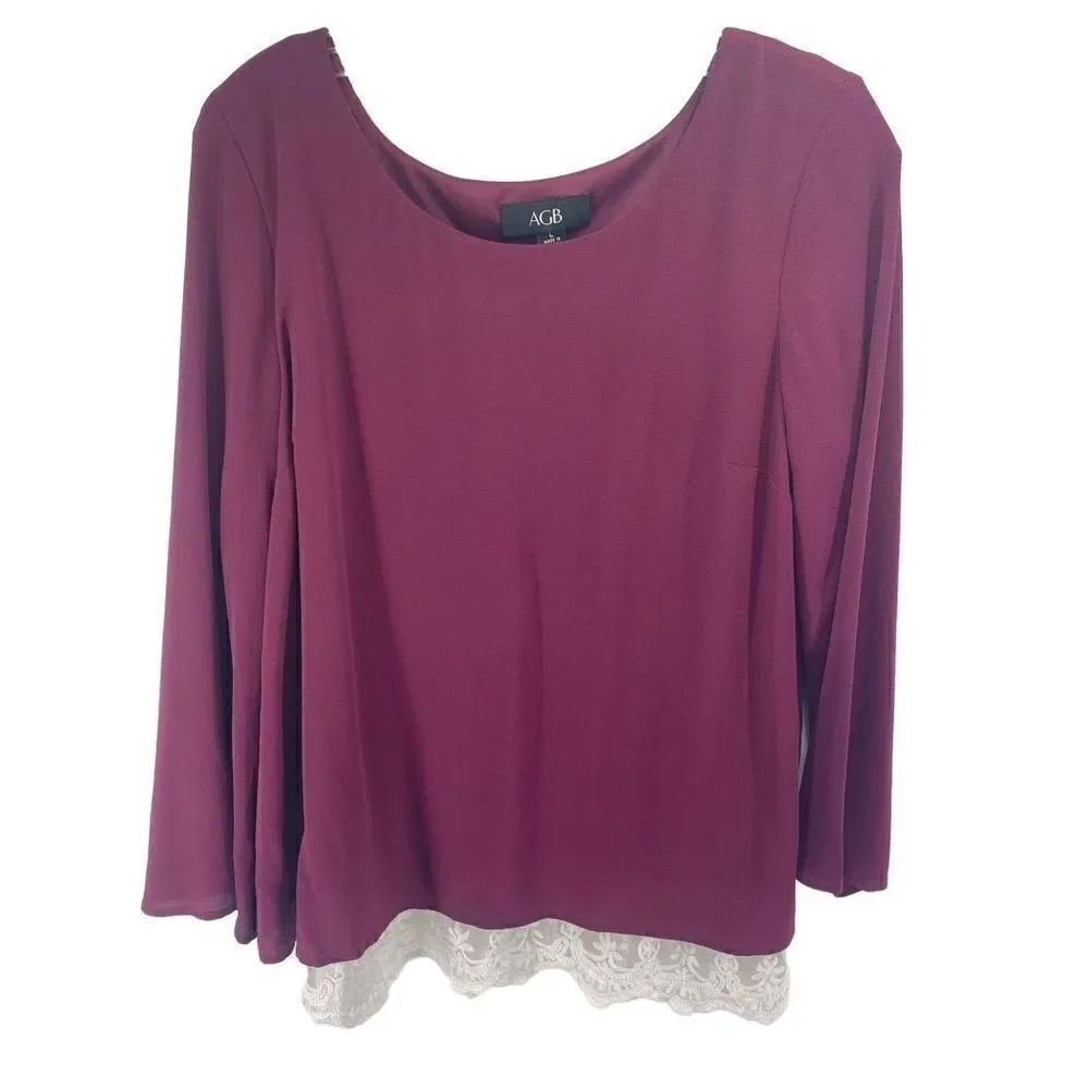 AGB Women's Long Sleeve Top Blouse Lace Hem Stretch Casual Work Purple Large
